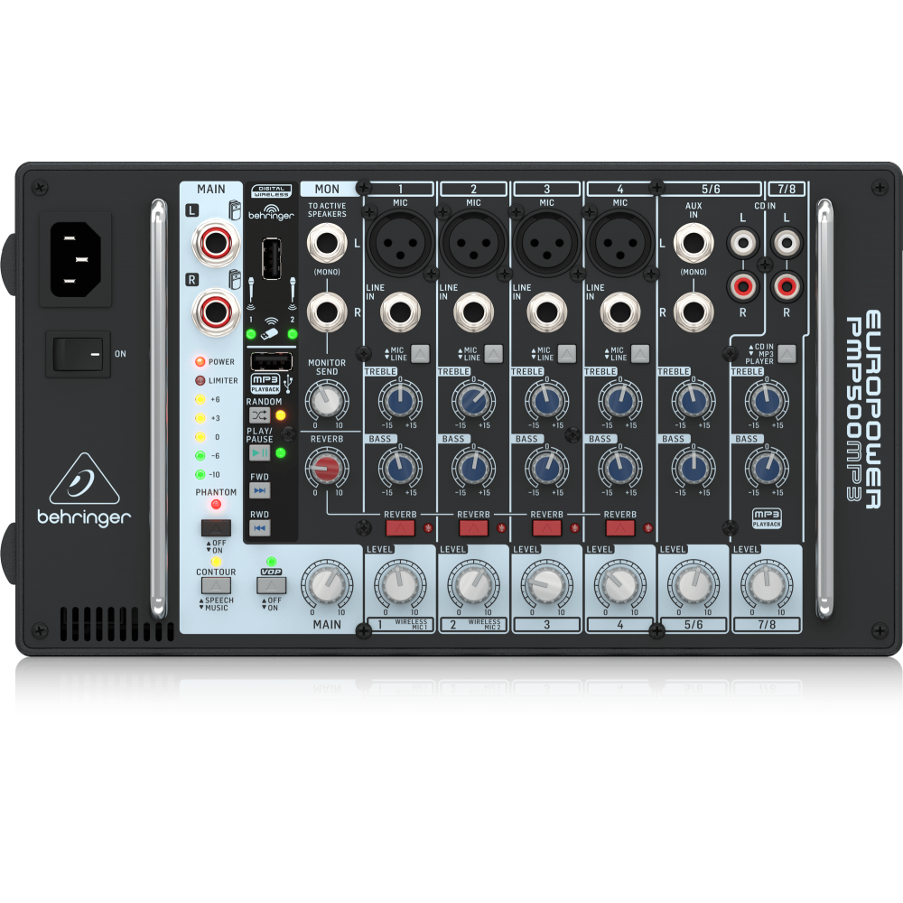 PMP500MP3 Ultra-Compact 500W 8-Channel Powered Mixer with MP3 Player, Reverb and Wireless Option