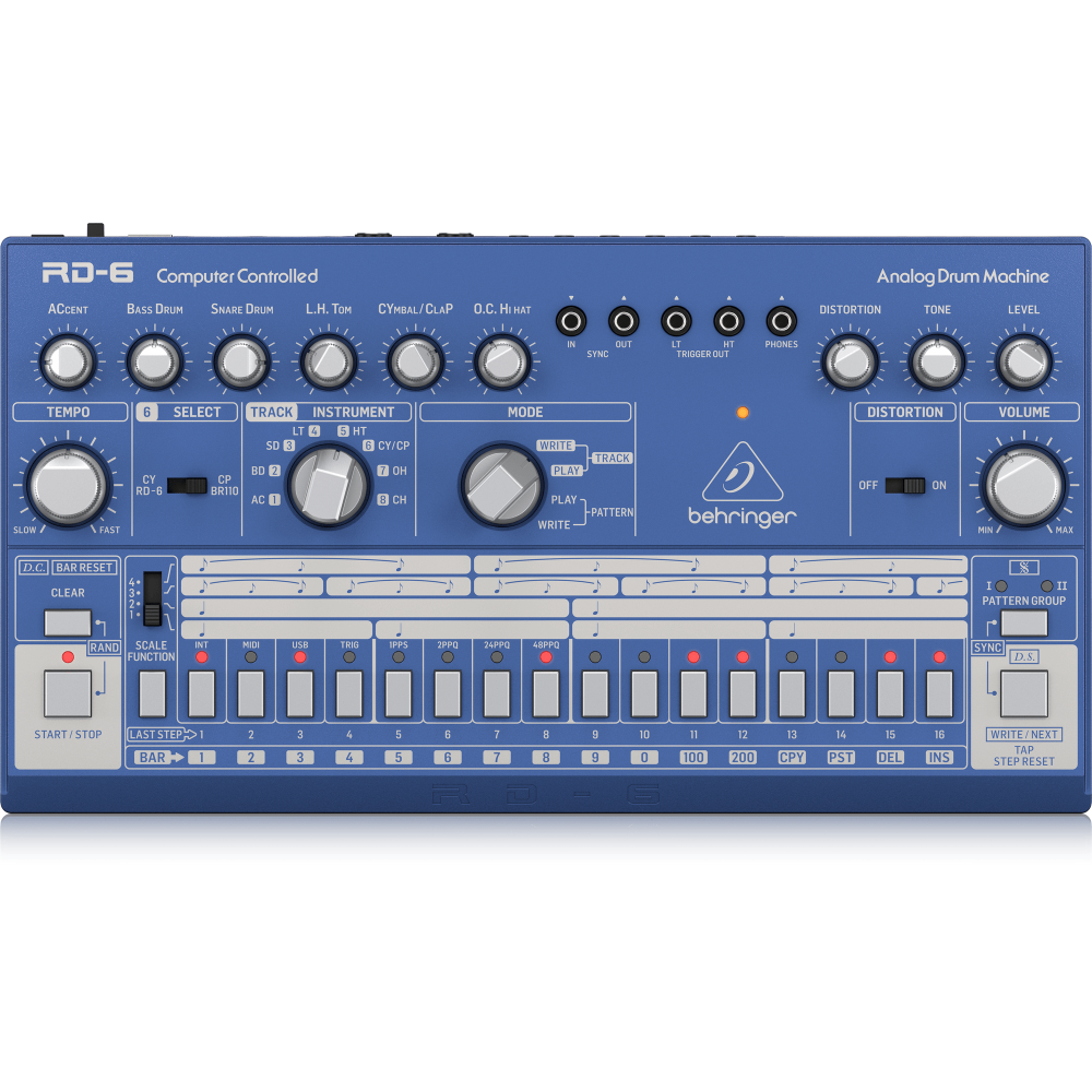 RD-6-BU Analog Drum Machine with 8 Drum Sounds, 64 Step Sequencer and Distortion Effects